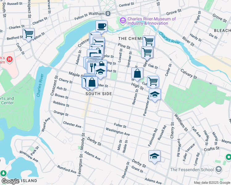 map of restaurants, bars, coffee shops, grocery stores, and more near 65 Myrtle Street in Waltham