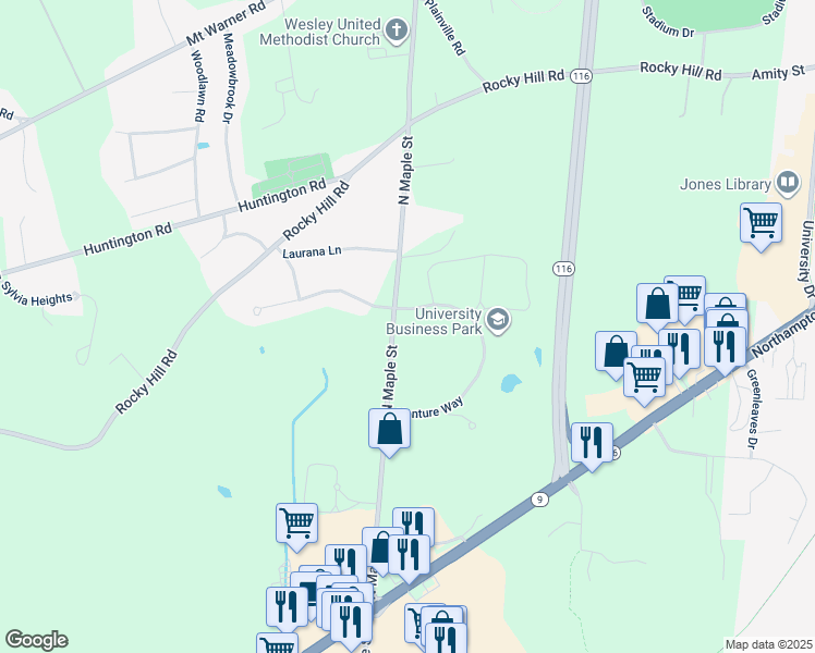 map of restaurants, bars, coffee shops, grocery stores, and more near 29-45 N Maple St in Hadley