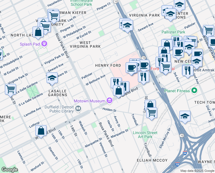 map of restaurants, bars, coffee shops, grocery stores, and more near 7404 Woodrow Wilson Street in Detroit