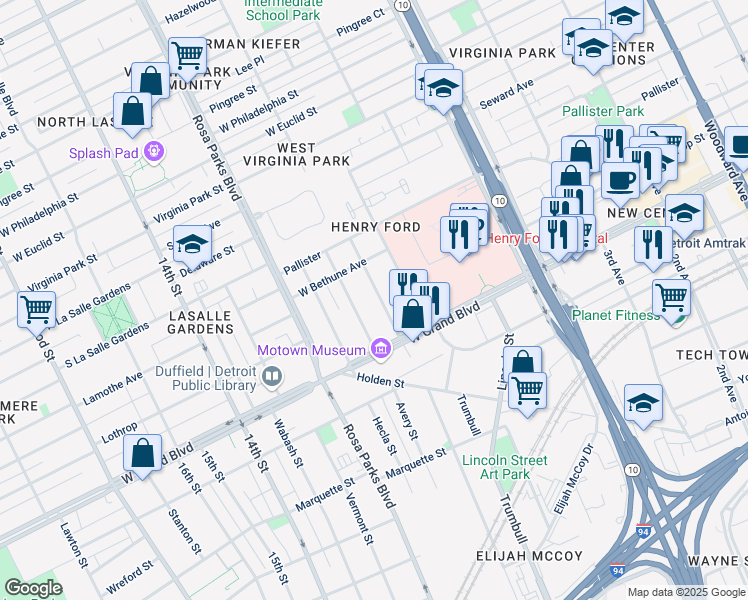 map of restaurants, bars, coffee shops, grocery stores, and more near 7404 Woodrow Wilson Street in Detroit
