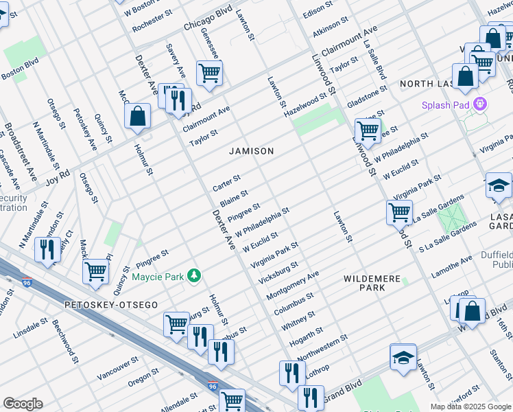 map of restaurants, bars, coffee shops, grocery stores, and more near 3265 Pingree Street in Detroit