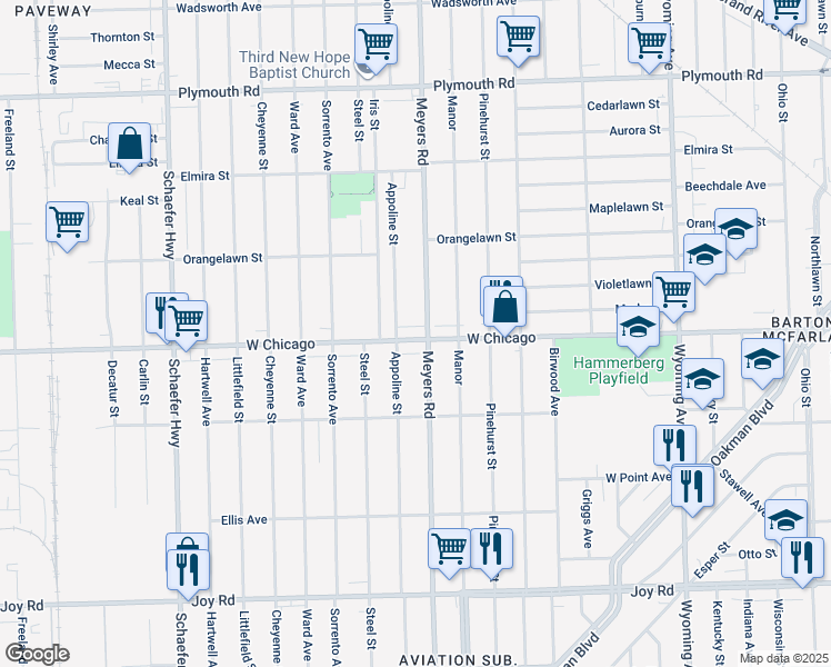 map of restaurants, bars, coffee shops, grocery stores, and more near 12799 West Chicago in Detroit