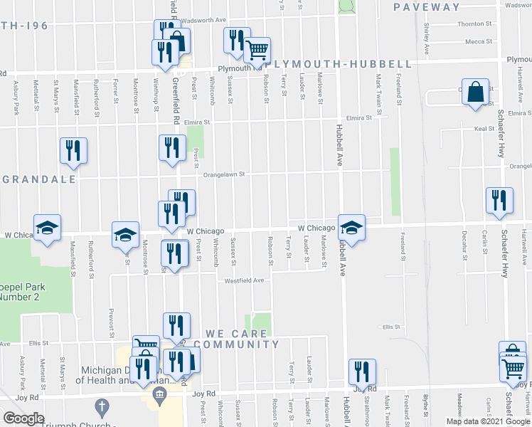 map of restaurants, bars, coffee shops, grocery stores, and more near 9526 Robson Street in Detroit