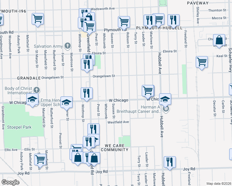 map of restaurants, bars, coffee shops, grocery stores, and more near 9525 Coyle Street in Detroit