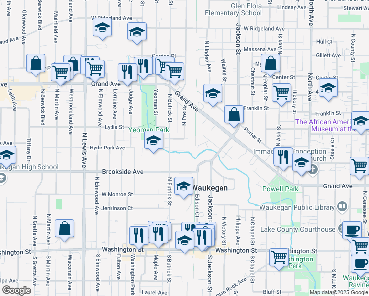 map of restaurants, bars, coffee shops, grocery stores, and more near 1322 Tamara Court in Waukegan