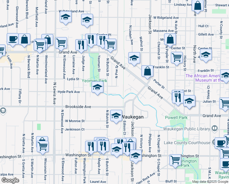 map of restaurants, bars, coffee shops, grocery stores, and more near 1322 Tamara Court in Waukegan