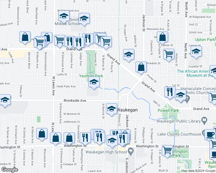 map of restaurants, bars, coffee shops, grocery stores, and more near 1322 Tamara Court in Waukegan