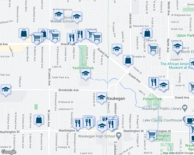 map of restaurants, bars, coffee shops, grocery stores, and more near 1322 Tamara Court in Waukegan