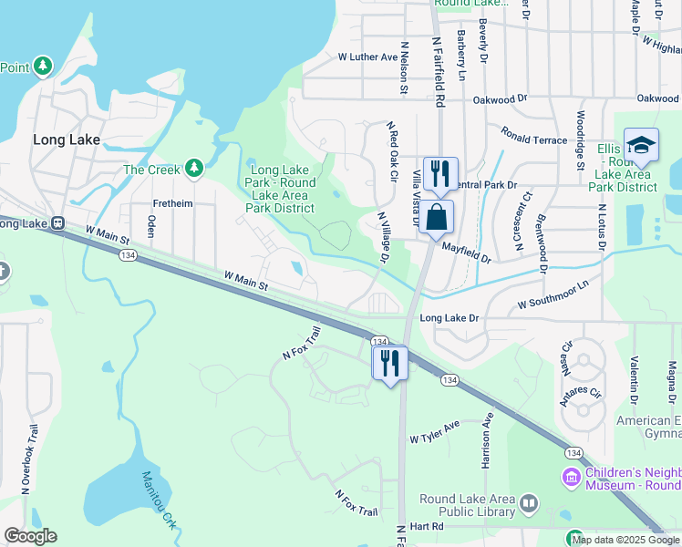 map of restaurants, bars, coffee shops, grocery stores, and more near 986 North Village Drive in Round Lake Beach