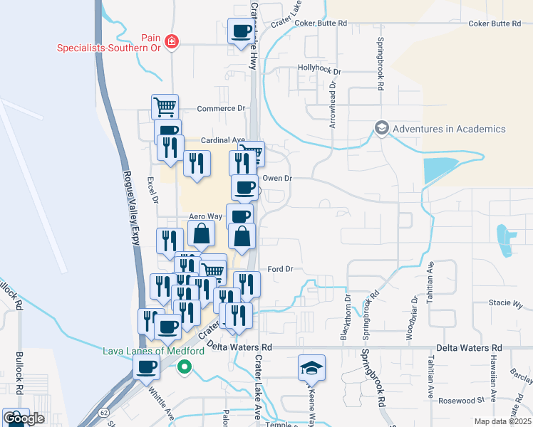 map of restaurants, bars, coffee shops, grocery stores, and more near 3347 Crater Lake Avenue in Medford