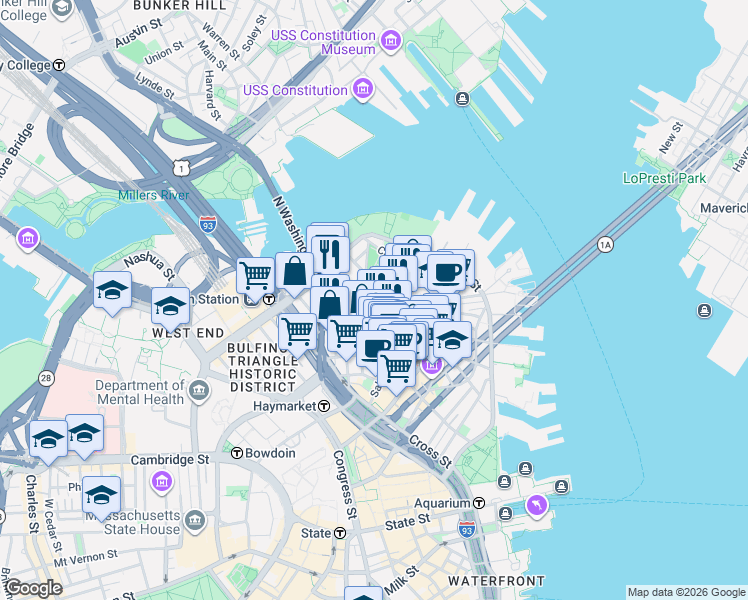 map of restaurants, bars, coffee shops, grocery stores, and more near 3 Snow Hill Street in Boston