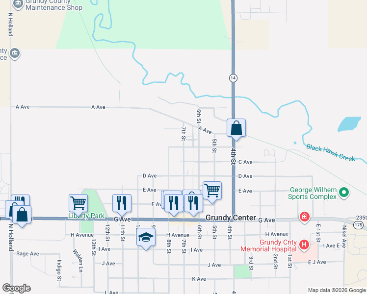 map of restaurants, bars, coffee shops, grocery stores, and more near 700 B Avenue in Grundy Center