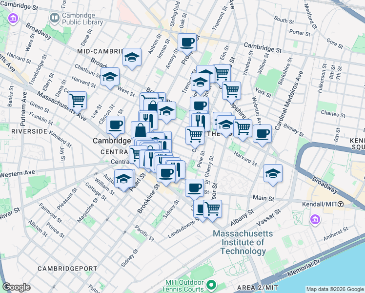 map of restaurants, bars, coffee shops, grocery stores, and more near Suffolk Street in Cambridge