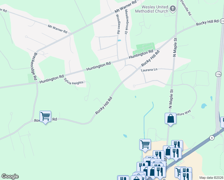 map of restaurants, bars, coffee shops, grocery stores, and more near 124 Rocky Hill Road in Hadley