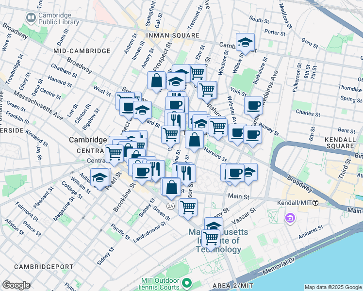 map of restaurants, bars, coffee shops, grocery stores, and more near 151R Cherry Street in Cambridge