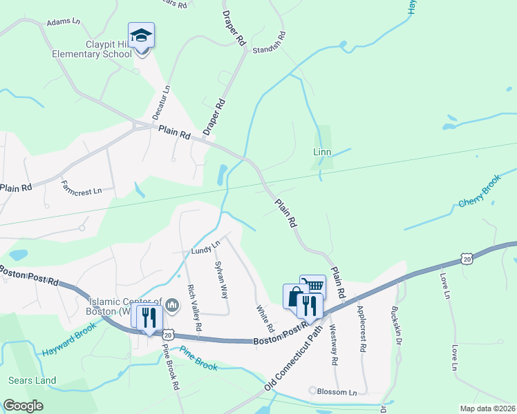 map of restaurants, bars, coffee shops, grocery stores, and more near 4 Fields Lane in Wayland