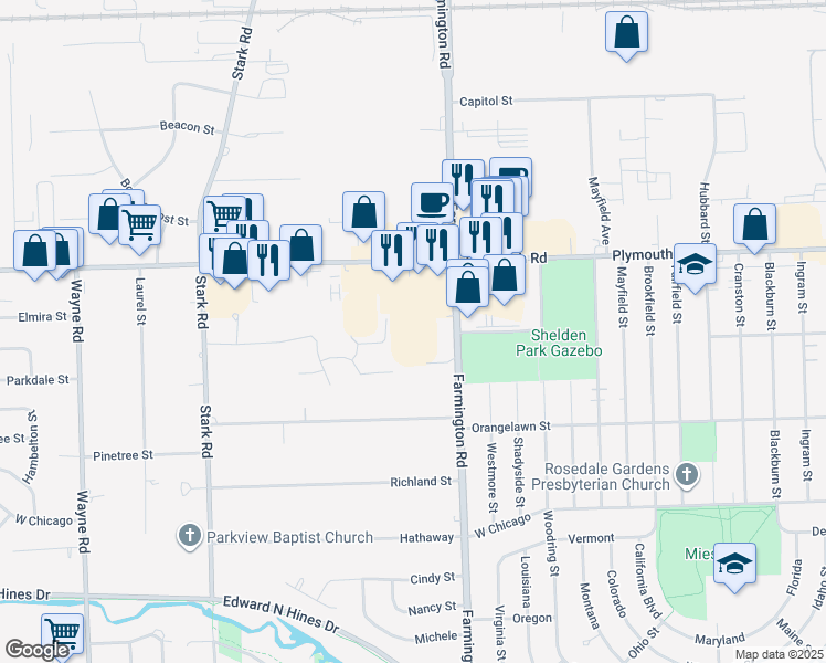 map of restaurants, bars, coffee shops, grocery stores, and more near 11525 Farmington Road in Livonia