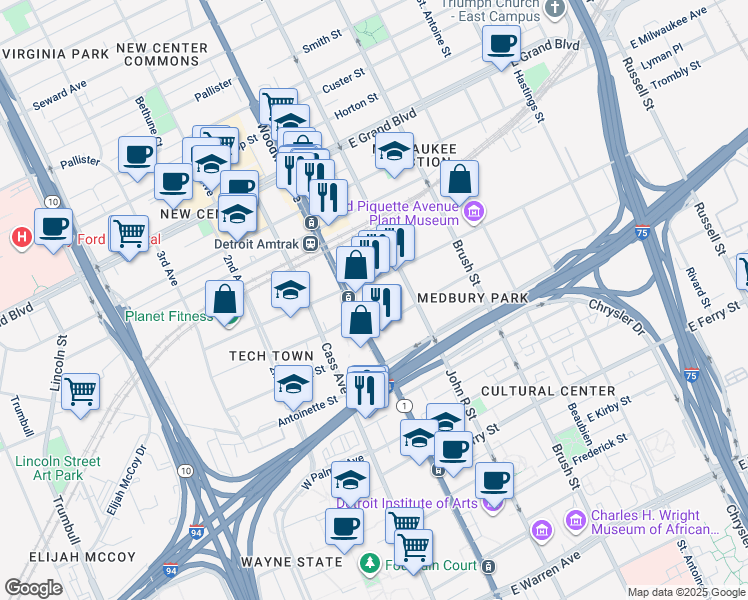 map of restaurants, bars, coffee shops, grocery stores, and more near 6056 Woodward Avenue in Detroit