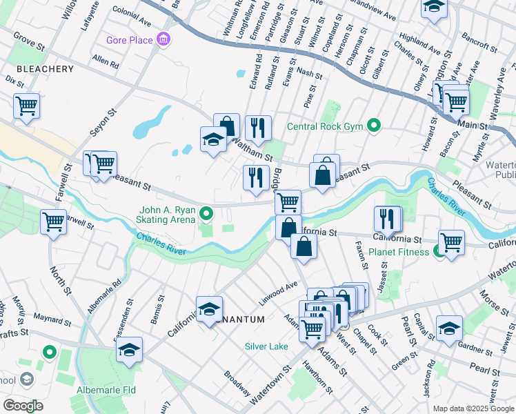 map of restaurants, bars, coffee shops, grocery stores, and more near 480 Pleasant Street in Watertown
