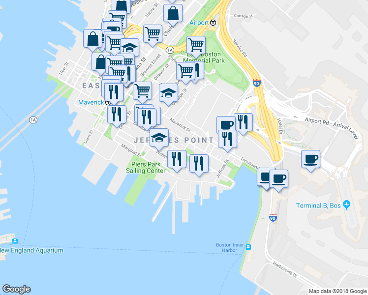 map of restaurants, bars, coffee shops, grocery stores, and more near 430 Sumner Street in Boston