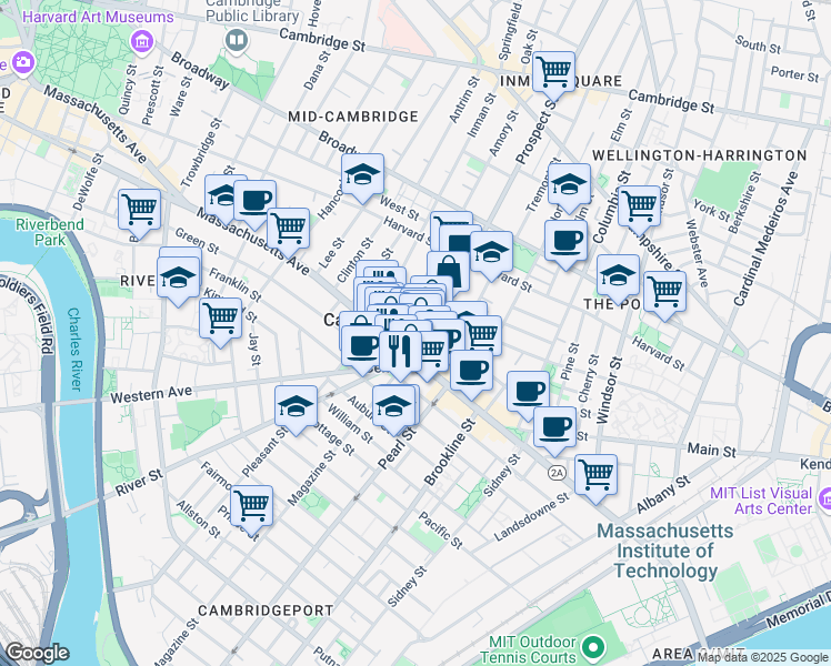 map of restaurants, bars, coffee shops, grocery stores, and more near 675 Massachusetts Avenue in Cambridge