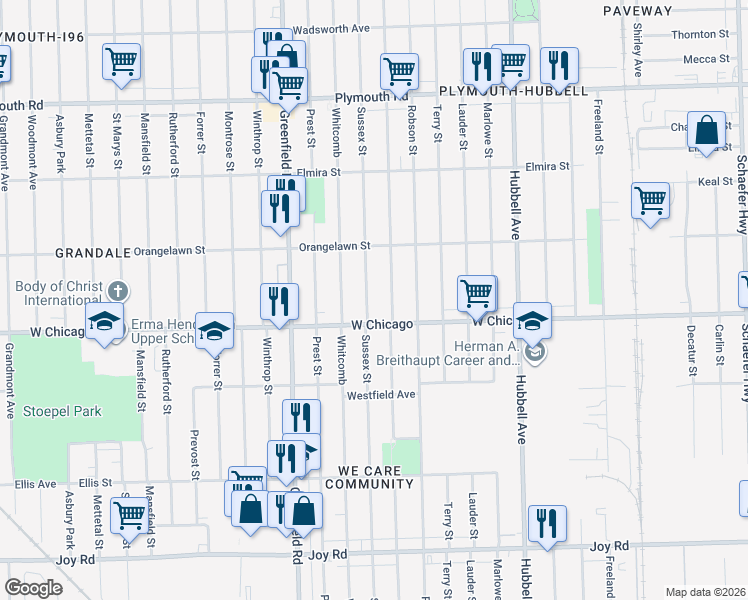 map of restaurants, bars, coffee shops, grocery stores, and more near 9525 Coyle Street in Detroit