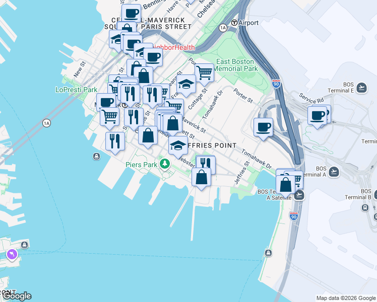 map of restaurants, bars, coffee shops, grocery stores, and more near 403 Sumner Street in Boston
