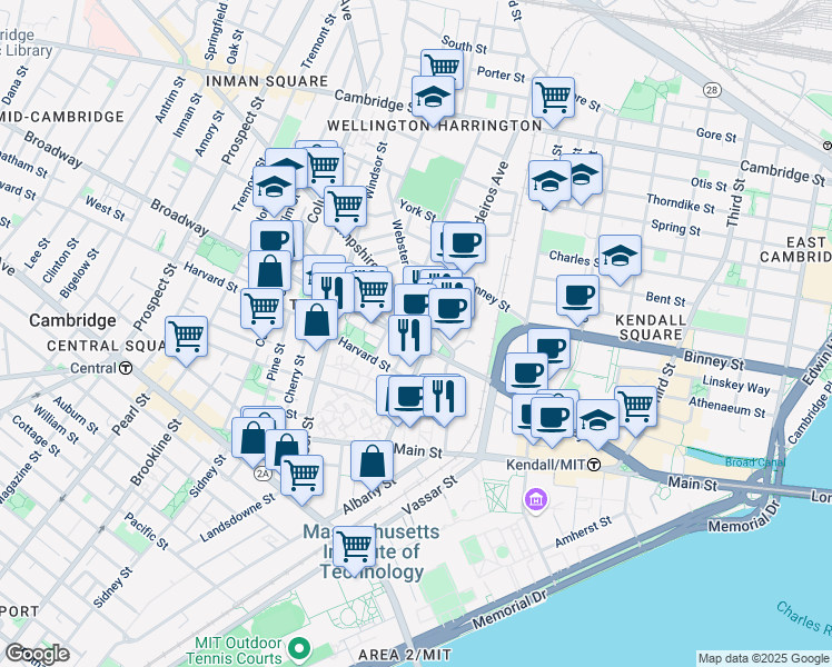 map of restaurants, bars, coffee shops, grocery stores, and more near 201 Broadway in Cambridge