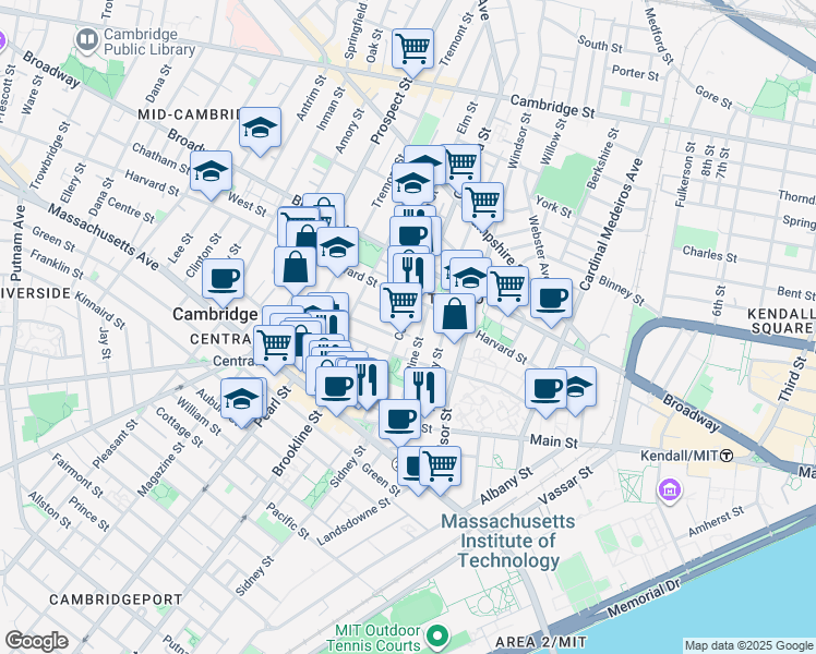 map of restaurants, bars, coffee shops, grocery stores, and more near 107 Columbia Street in Cambridge