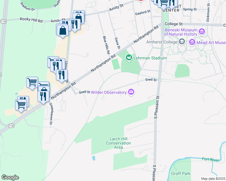 map of restaurants, bars, coffee shops, grocery stores, and more near 128 Snell Street in Amherst