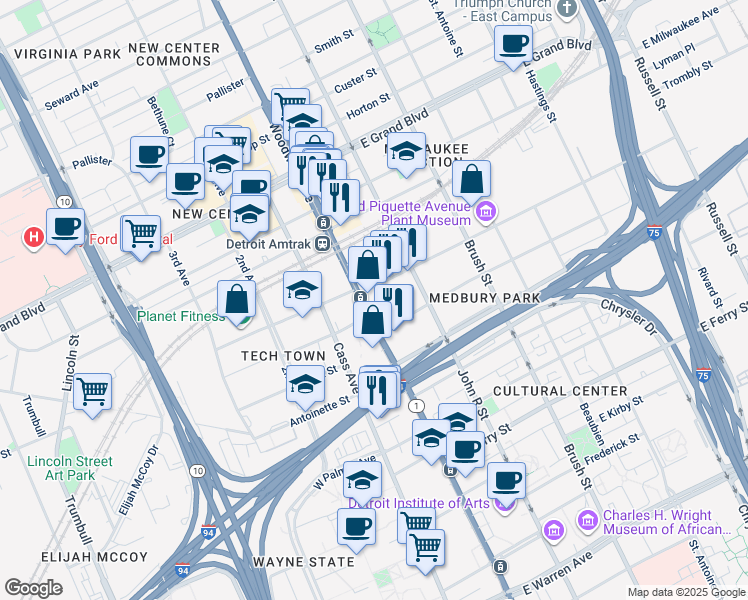 map of restaurants, bars, coffee shops, grocery stores, and more near 6056 Woodward Avenue in Detroit