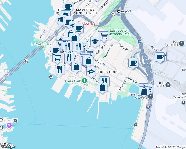 map of restaurants, bars, coffee shops, grocery stores, and more near 403 Sumner Street in Boston