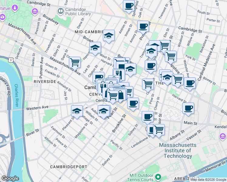 map of restaurants, bars, coffee shops, grocery stores, and more near 42 Prospect Street in Cambridge