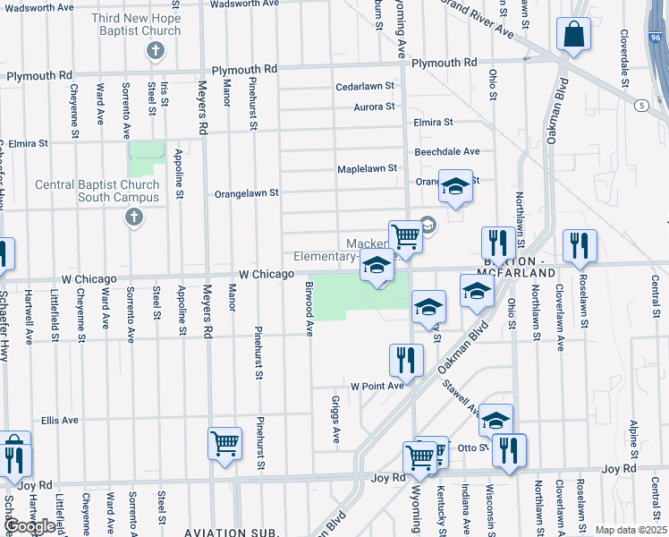 map of restaurants, bars, coffee shops, grocery stores, and more near 10300 West Chicago in Detroit