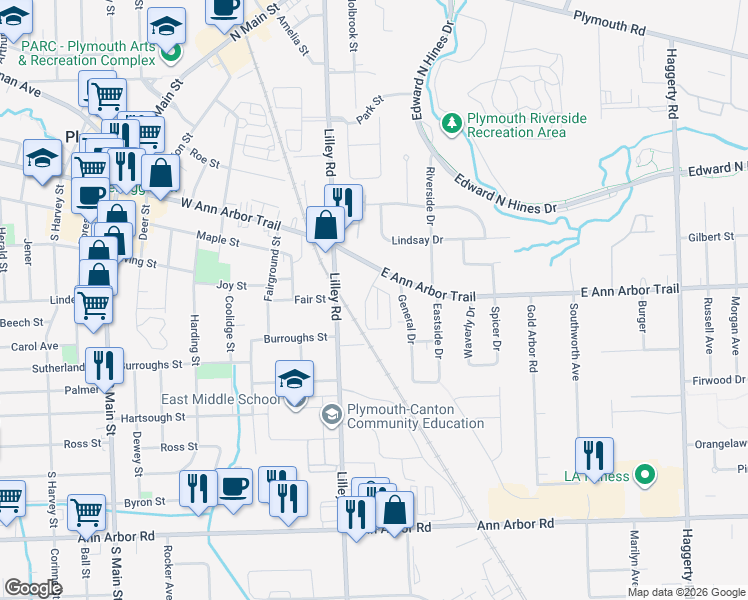 map of restaurants, bars, coffee shops, grocery stores, and more near 124 Pinewood Drive in Plymouth