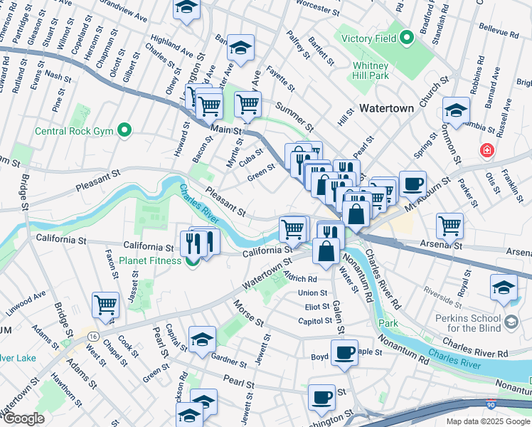 map of restaurants, bars, coffee shops, grocery stores, and more near 96 Pleasant Street in Watertown
