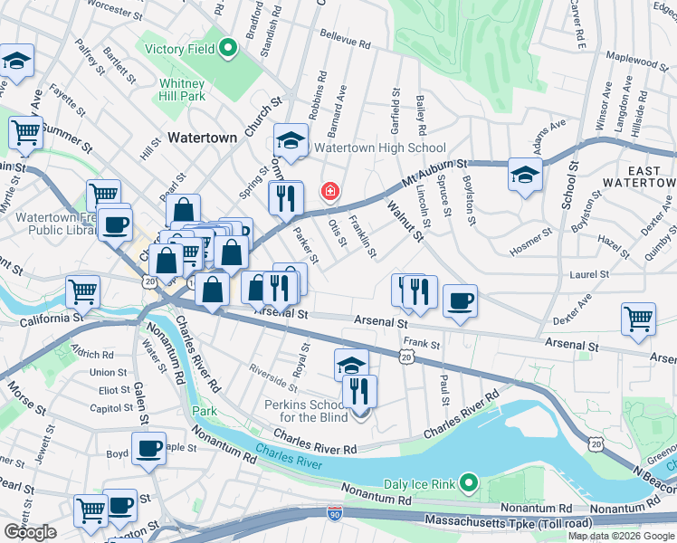 map of restaurants, bars, coffee shops, grocery stores, and more near 40 Washburn Street in Watertown