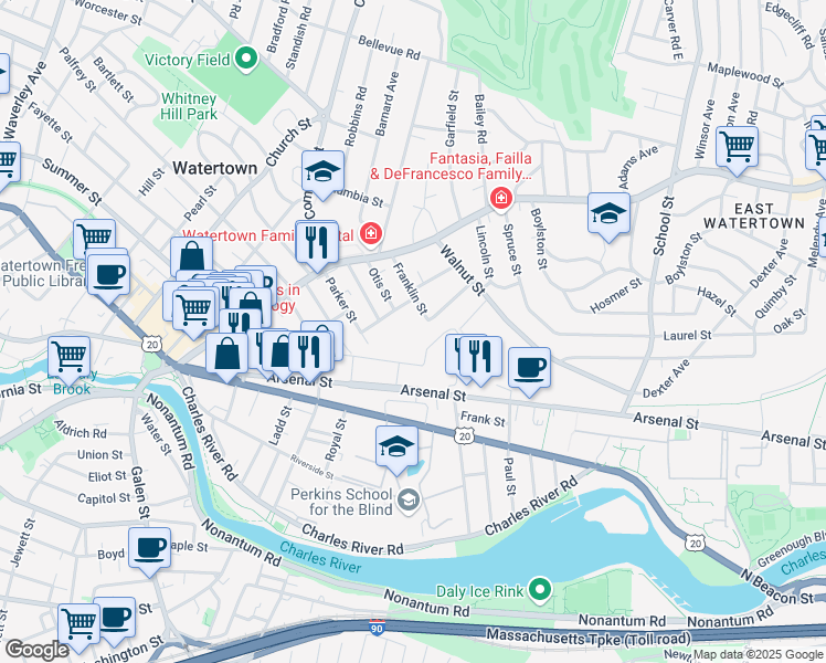 map of restaurants, bars, coffee shops, grocery stores, and more near 53 Franklin Street in Watertown