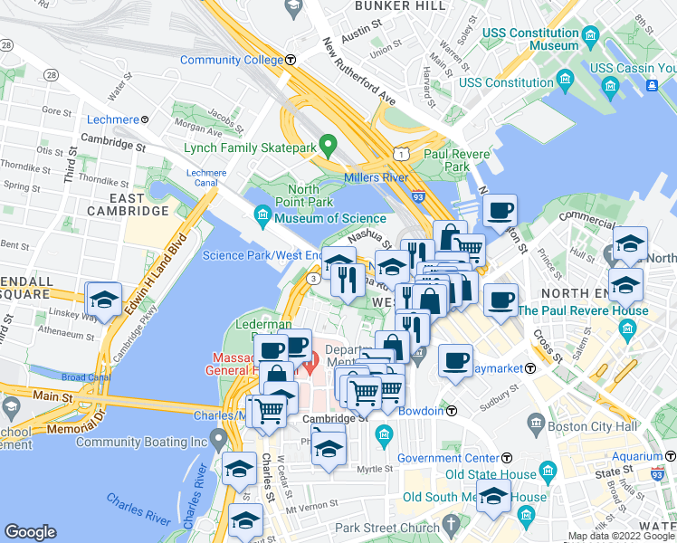 map of restaurants, bars, coffee shops, grocery stores, and more near Martha Rd & Whittier Pl in Boston