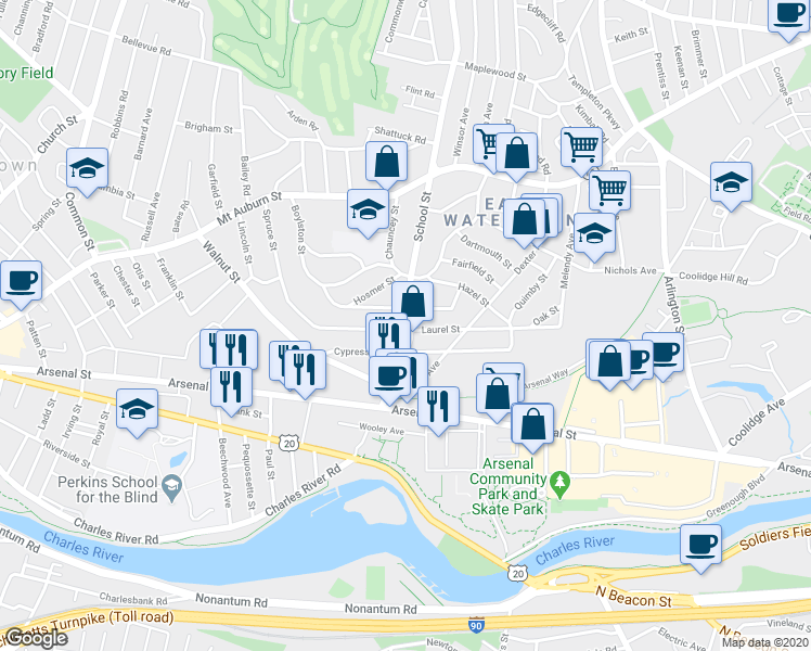 map of restaurants, bars, coffee shops, grocery stores, and more near 104 School Street in Watertown