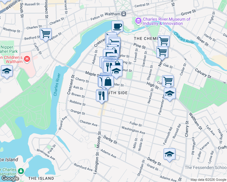 map of restaurants, bars, coffee shops, grocery stores, and more near 33 Myrtle Street in Waltham