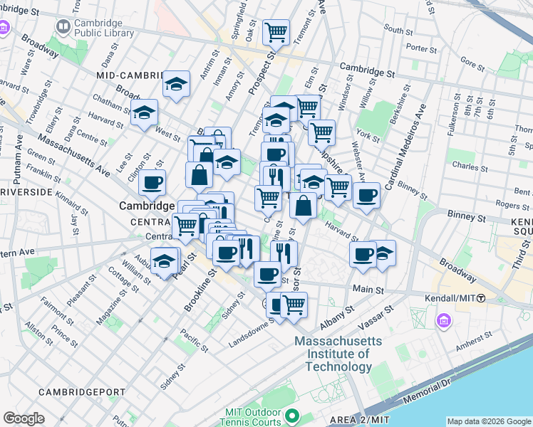 map of restaurants, bars, coffee shops, grocery stores, and more near in Cambridge