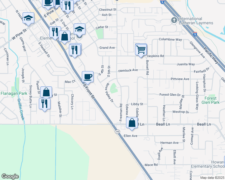 map of restaurants, bars, coffee shops, grocery stores, and more near 1001 Rose Valley Drive in Central Point
