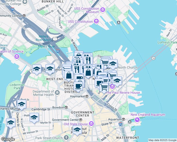 map of restaurants, bars, coffee shops, grocery stores, and more near 7 Endicott Court in Boston