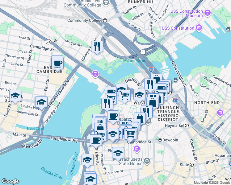 map of restaurants, bars, coffee shops, grocery stores, and more near Charles Street in Boston