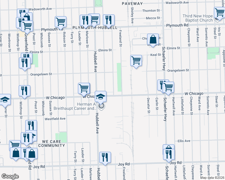map of restaurants, bars, coffee shops, grocery stores, and more near 14422 West Chicago in Detroit