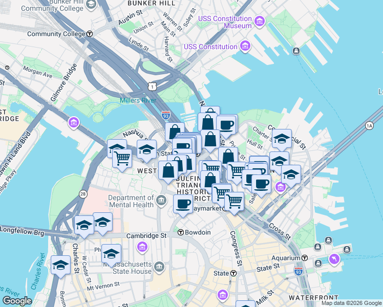 map of restaurants, bars, coffee shops, grocery stores, and more near 135 Causeway Street in Boston