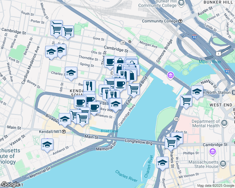 map of restaurants, bars, coffee shops, grocery stores, and more near 151 North First Street in Cambridge