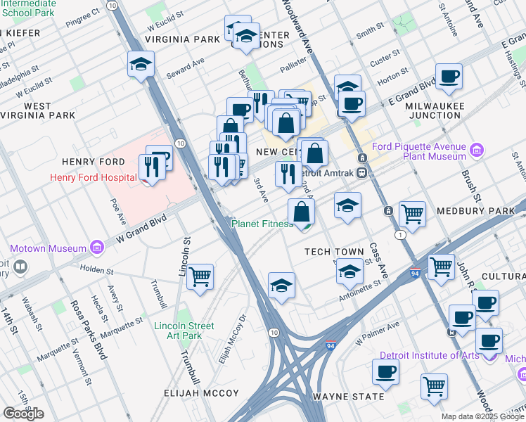 map of restaurants, bars, coffee shops, grocery stores, and more near 860 W Baltimore St in Detroit