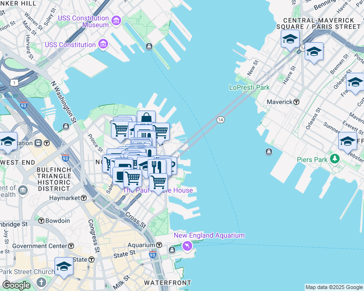 map of restaurants, bars, coffee shops, grocery stores, and more near 50 Battery Street in Boston